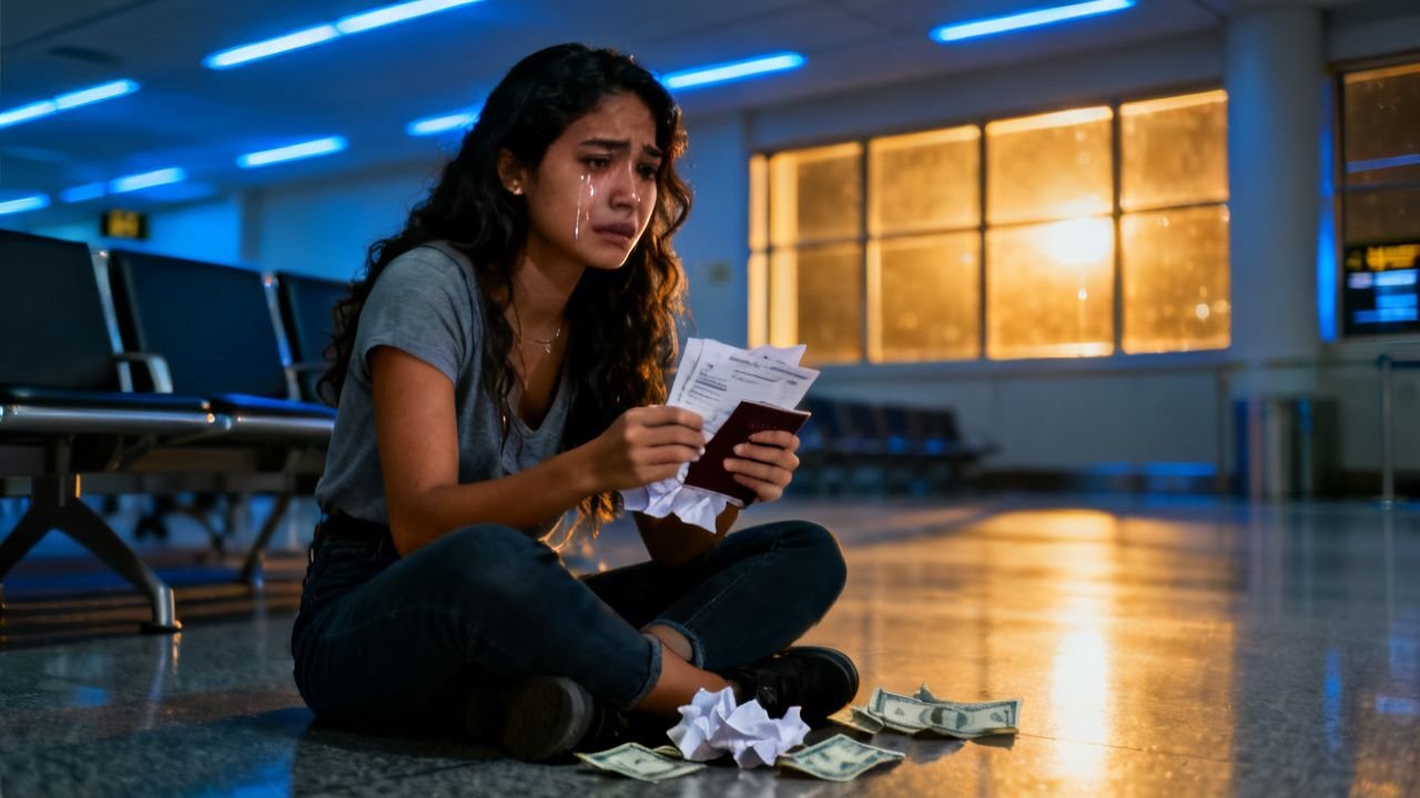 Joven sentada en el aeropuerto con sus maletas revisando documentos entre lágrimas tras ser abandonada por su madre