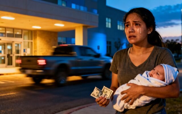 Madre joven con su bebé recién nacido en brazos parada en la vereda de un hospital junto a una camioneta blanca ausente