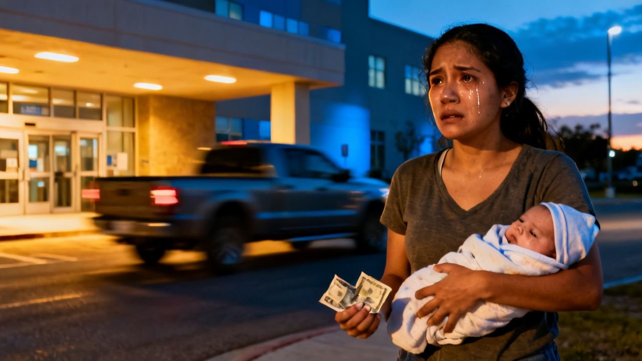 Madre joven con su bebé recién nacido en brazos parada en la vereda de un hospital junto a una camioneta blanca ausente