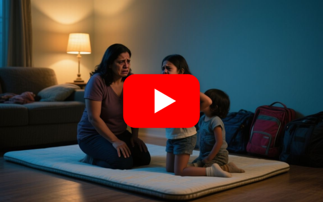 Madre abrazando a sus dos hijos pequeños mientras duermen en colchonetas sobre el piso en casa de la abuela