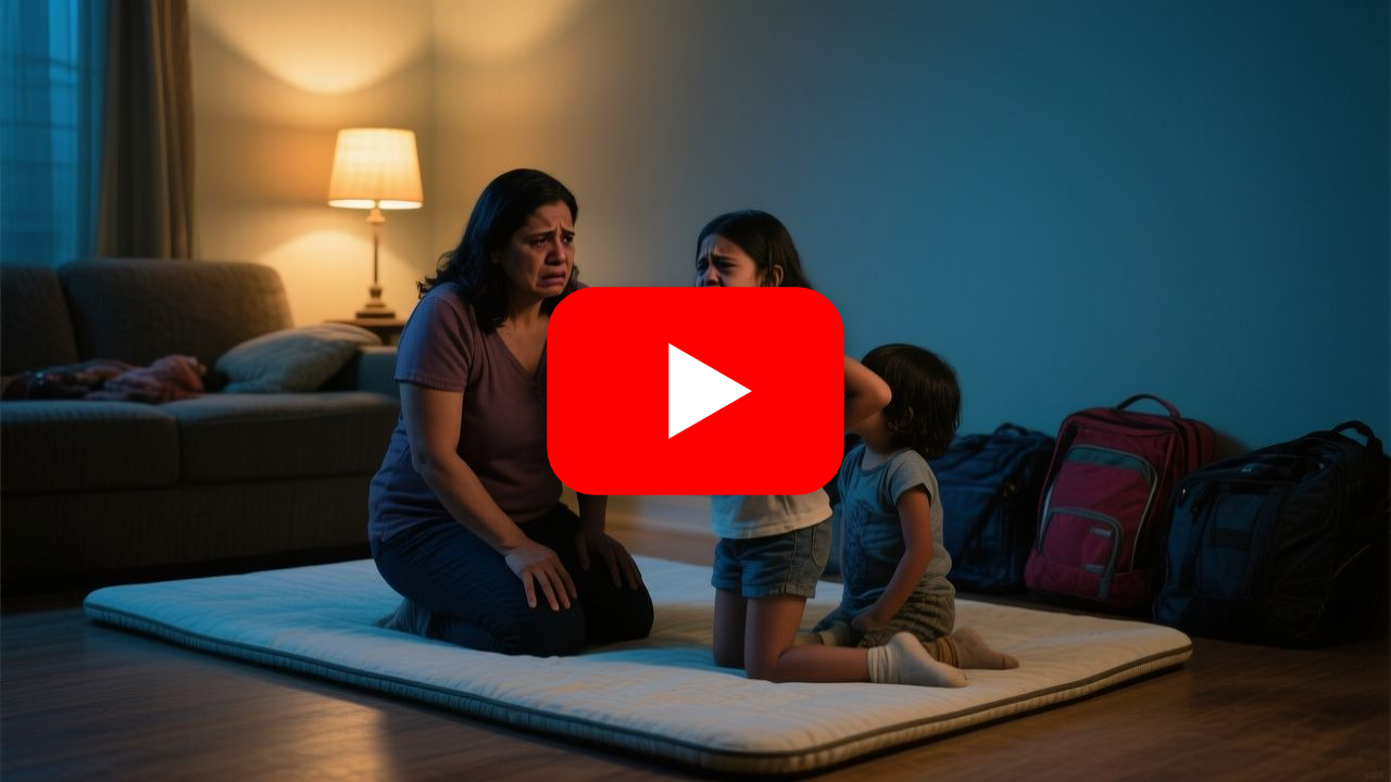 Madre abrazando a sus dos hijos pequeños mientras duermen en colchonetas sobre el piso en casa de la abuela