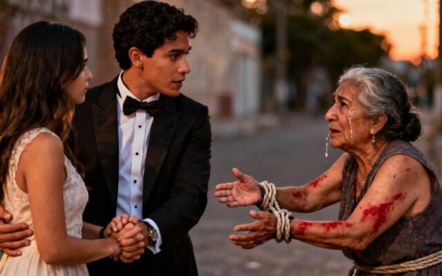 Joven en la calle mirando conmoción a una anciana esposada que le muestra sus brazos heridos mientras su novia observa