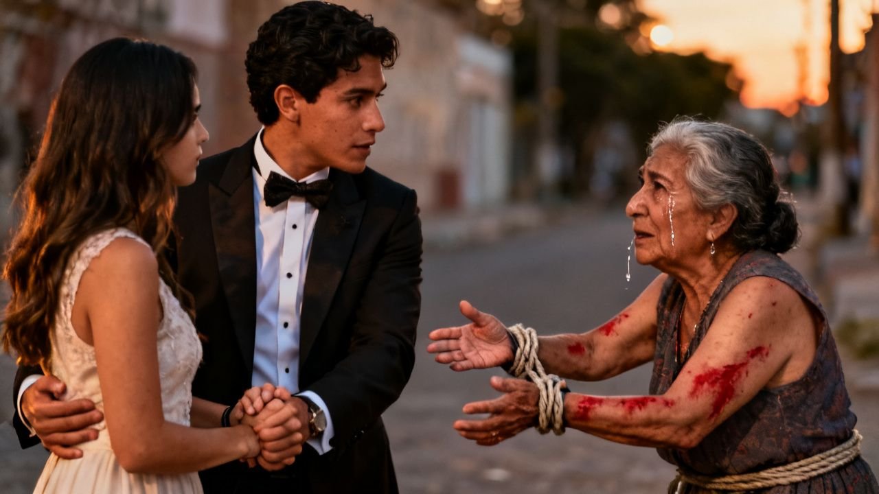 Joven en la calle mirando conmoción a una anciana esposada que le muestra sus brazos heridos mientras su novia observa