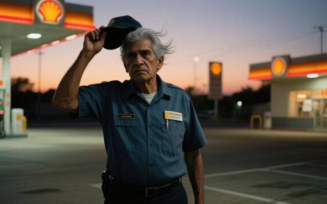 Anciano despachador de gasolinera con gorra y franela, mirando a la cámara tras ser empujado por un cliente