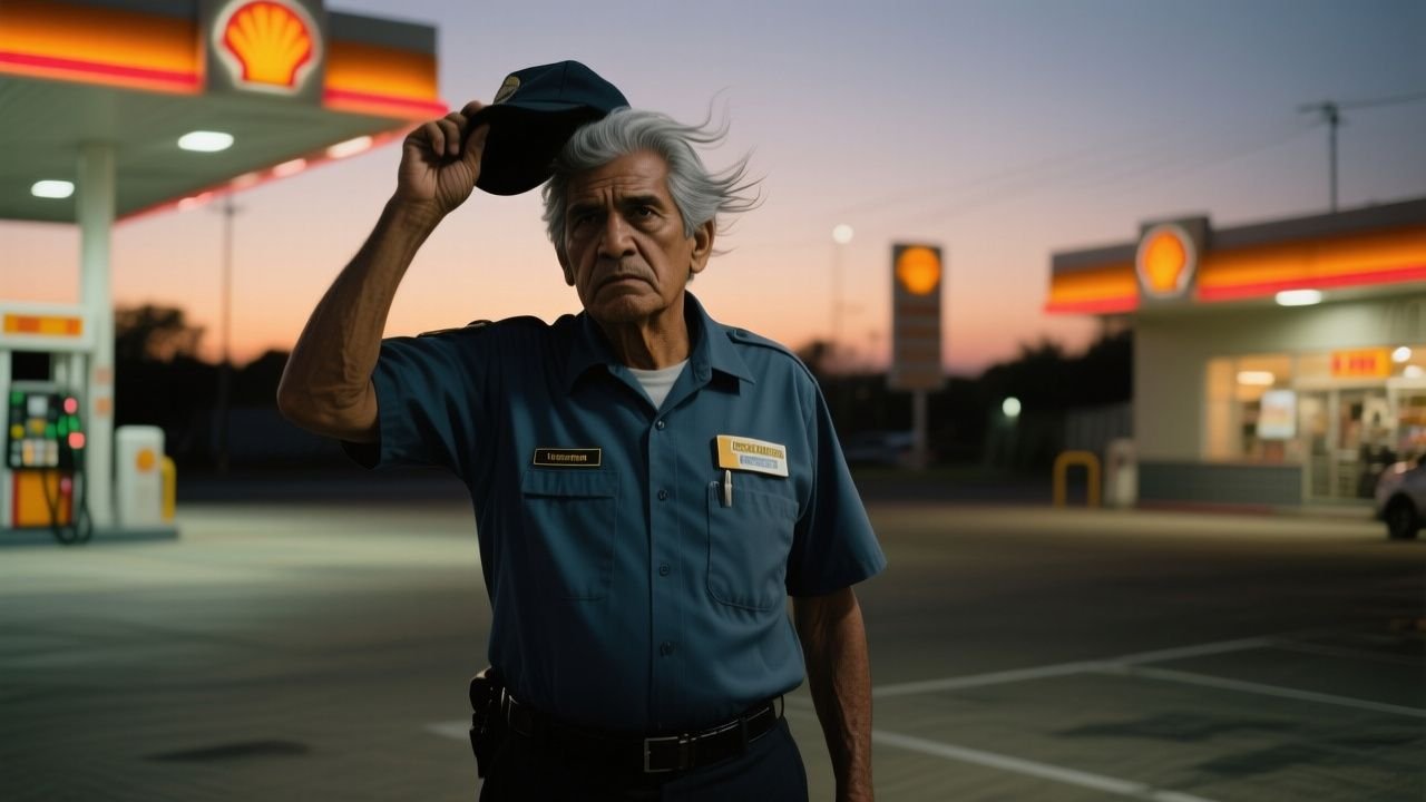 Anciano despachador de gasolinera con gorra y franela, mirando a la cámara tras ser empujado por un cliente