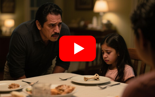 Niña de trenzas mirando un plato con solo un hueso de pollo durante la cena familiar