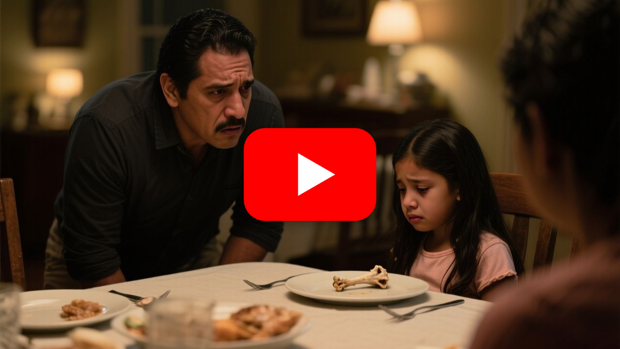 Niña de trenzas mirando un plato con solo un hueso de pollo durante la cena familiar
