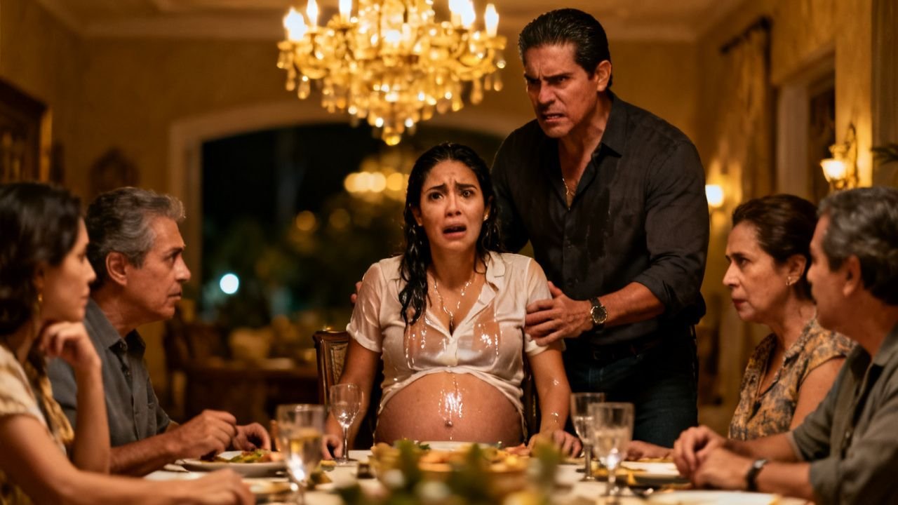 Mesa familiar con mantel bordado donde Vanessa arroja un vaso de agua a Verónica, su cuñada embarazada, ante la mirada atónit