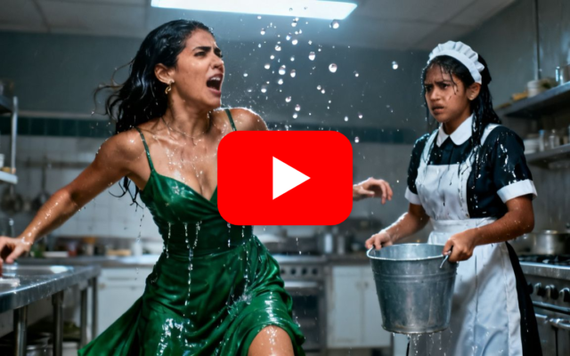 Mujer con vestido verde esmeralda sosteniendo un balde de metal frente a una joven de uniforme gris empapada en una cocina