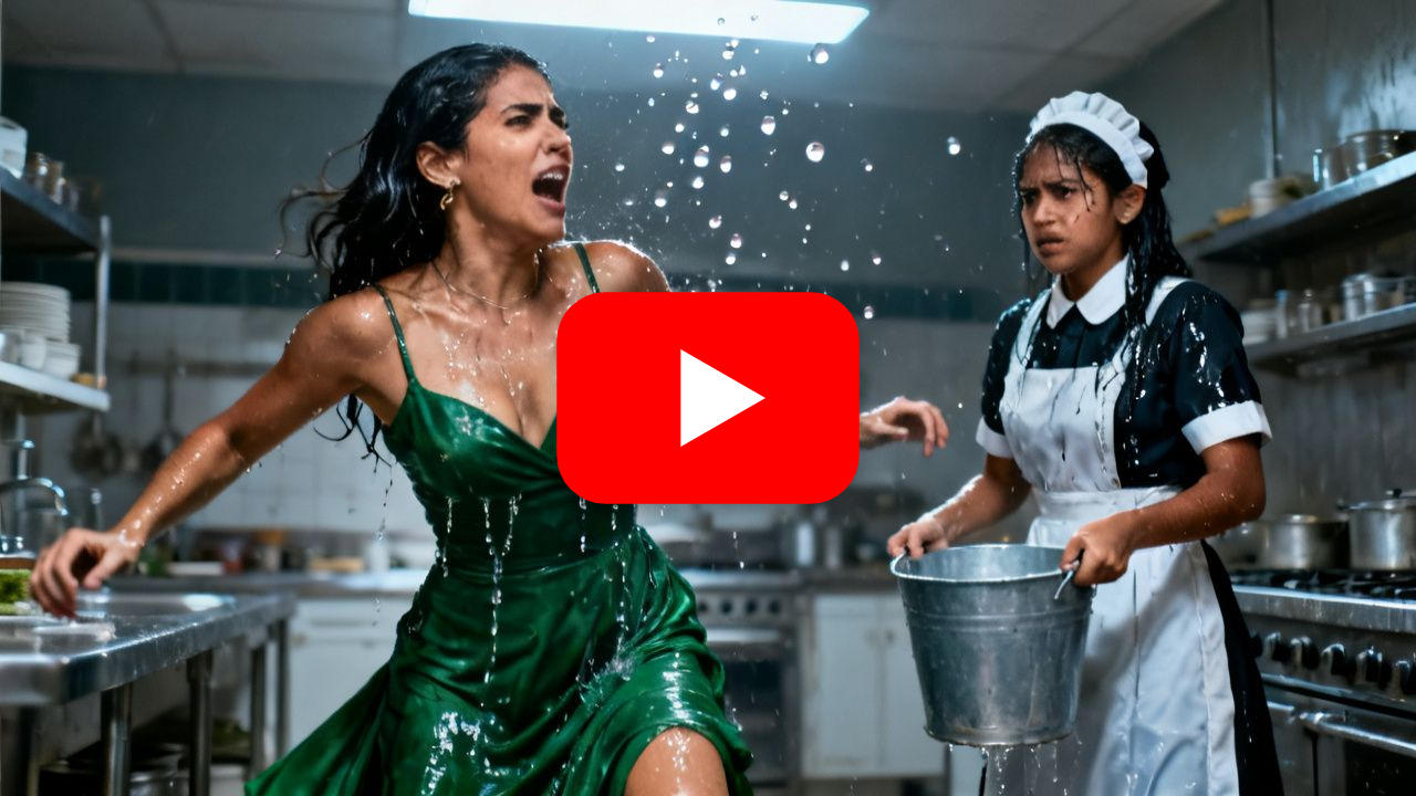 Mujer con vestido verde esmeralda sosteniendo un balde de metal frente a una joven de uniforme gris empapada en una cocina