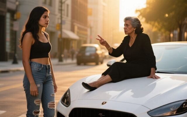 Mujer elegante burlándose de una joven con jean roto junto a un Porsche blanco en la acera