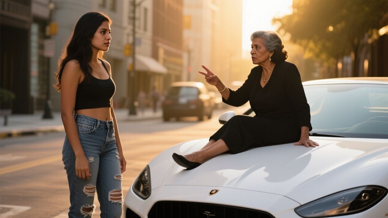 Mujer elegante burlándose de una joven con jean roto junto a un Porsche blanco en la acera