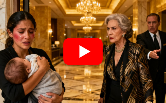 Joven madre con su bebé en brazos frente a mujer elegante en el lobby de mármol del Hotel Windsor