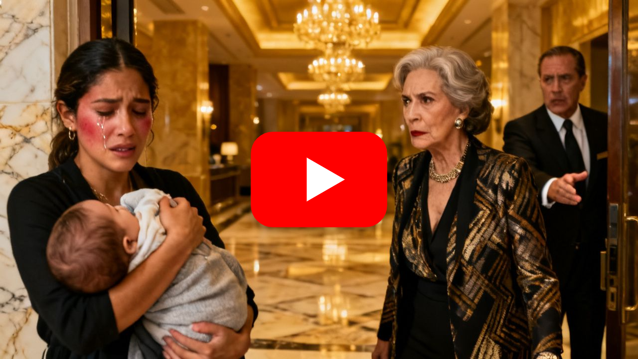 Joven madre con su bebé en brazos frente a mujer elegante en el lobby de mármol del Hotel Windsor