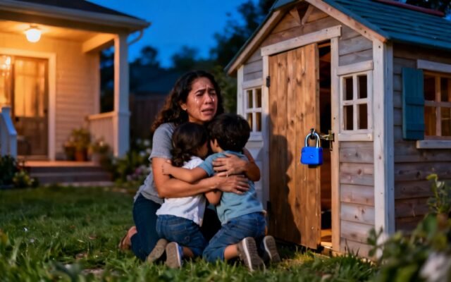 Casita de madera blanca y celeste en el jardín con un candado azul en la puerta, escena del rescate de los niños