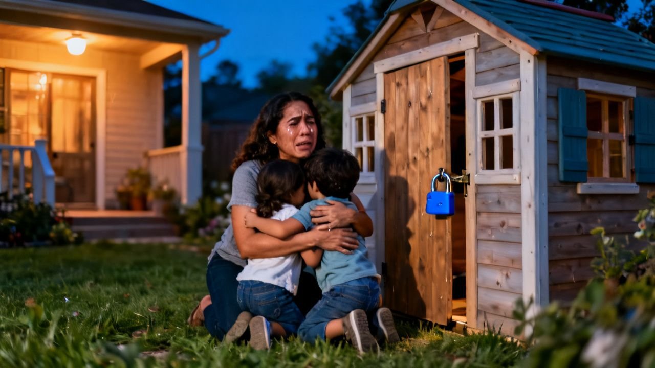 Casita de madera blanca y celeste en el jardín con un candado azul en la puerta, escena del rescate de los niños