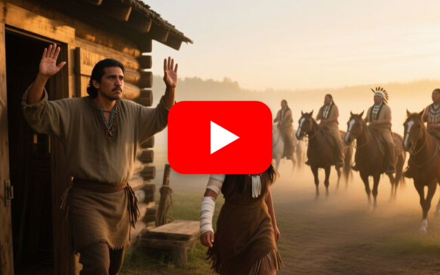 Jinetes nativos americanos a caballo rodeando una cabaña de madera entre la niebla al amanecer