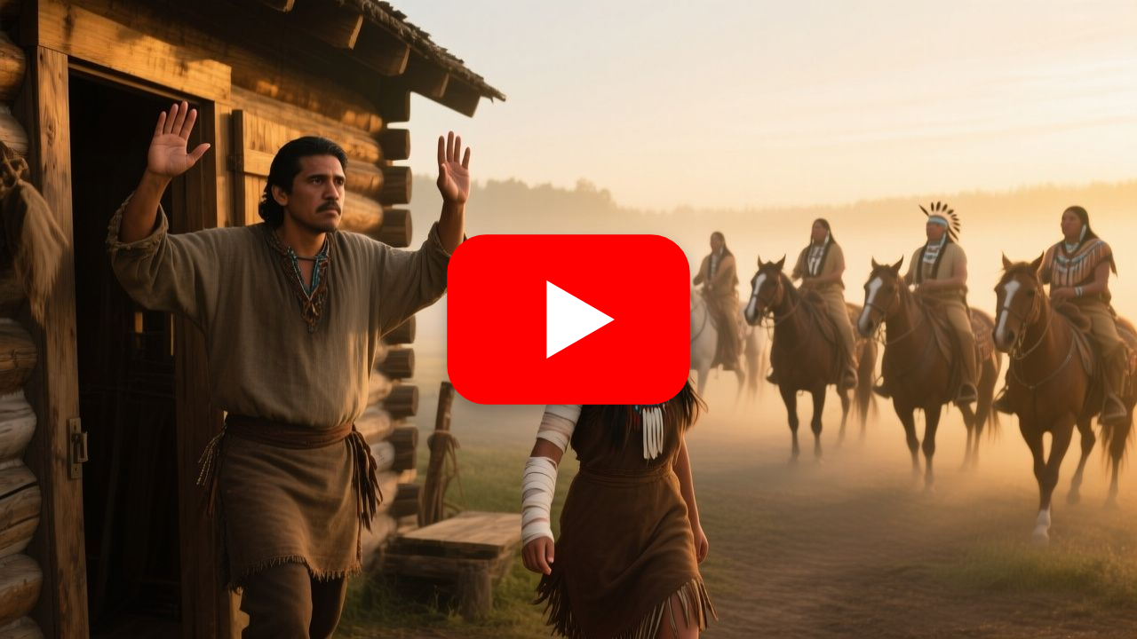 Jinetes nativos americanos a caballo rodeando una cabaña de madera entre la niebla al amanecer
