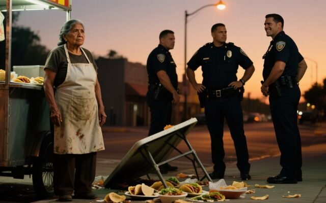 Puesto de tacos callejero de noche donde doña Rosa vende tacos de suadero y pastor en la banqueta de la colonia