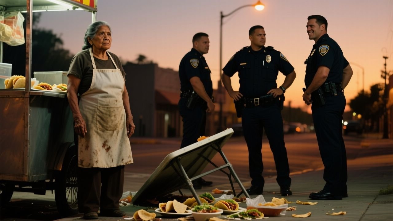 Puesto de tacos callejero de noche donde doña Rosa vende tacos de suadero y pastor en la banqueta de la colonia