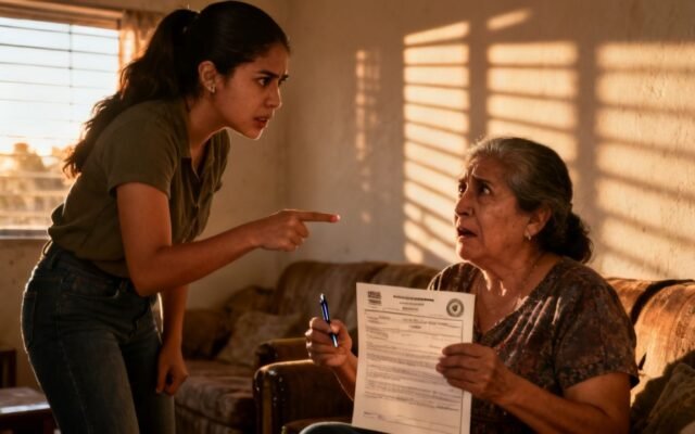 Abuela sostiene un documento legal frente a una abogada con maletín en una casa, mientras su nuera observa preocupada
