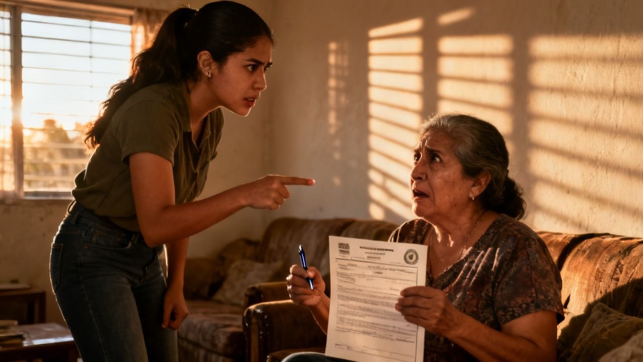 Abuela sostiene un documento legal frente a una abogada con maletín en una casa, mientras su nuera observa preocupada