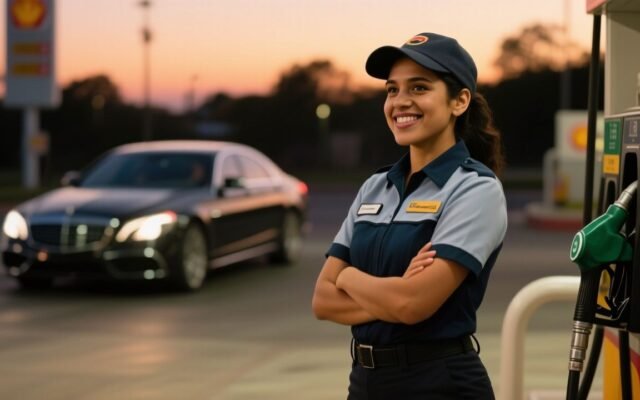 Despachadora de gasolinera sosteniendo una boleta impaga frente al BMW convertible blanco que se retira sin pagar