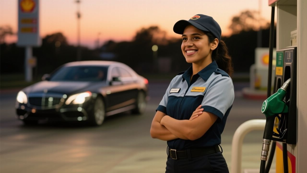 Despachadora de gasolinera sosteniendo una boleta impaga frente al BMW convertible blanco que se retira sin pagar