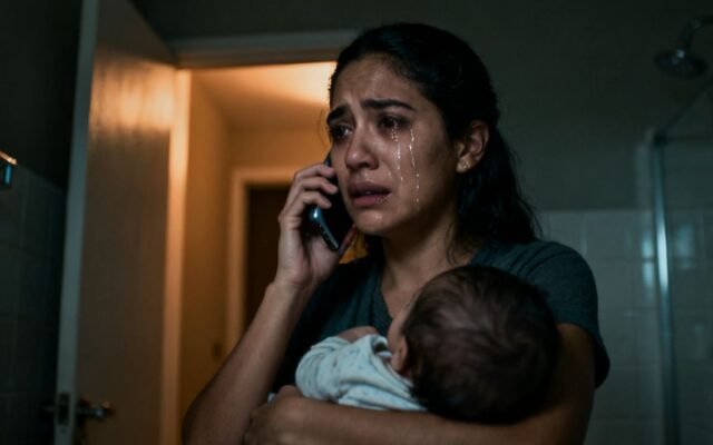 Madre joven cargando a su bebé enfermo mientras hace una llamada telefónica en un momento difícil