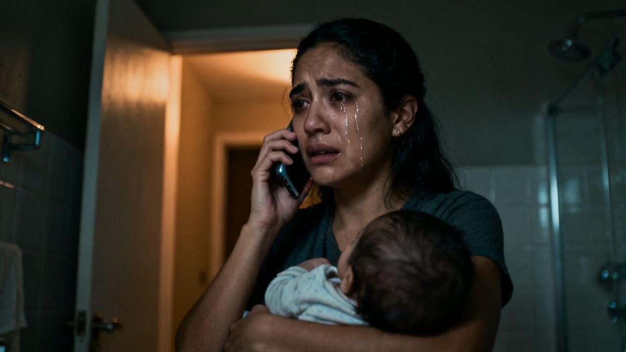 Madre joven cargando a su bebé enfermo mientras hace una llamada telefónica en un momento difícil