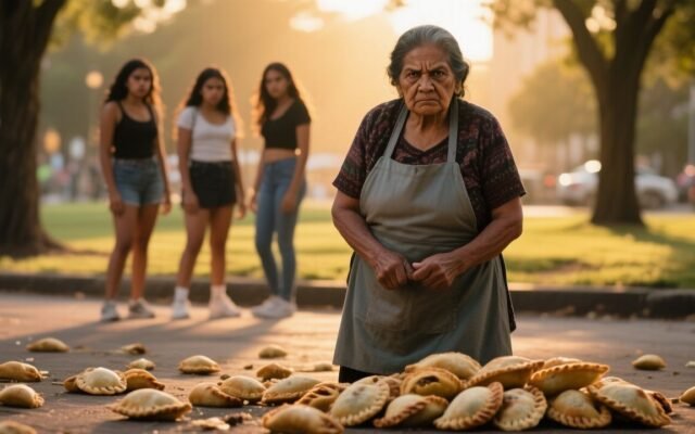 Doña Carmen frente a su puesto de empanadas en el parque Centenario mirando desafiante a tres muchachas