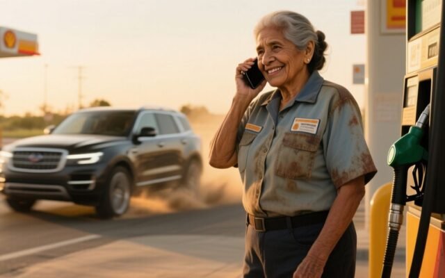 Doña Carmen, despachadora de gasolinera de la tercera edad, sosteniendo el celular tras ser humillada por una clienta
