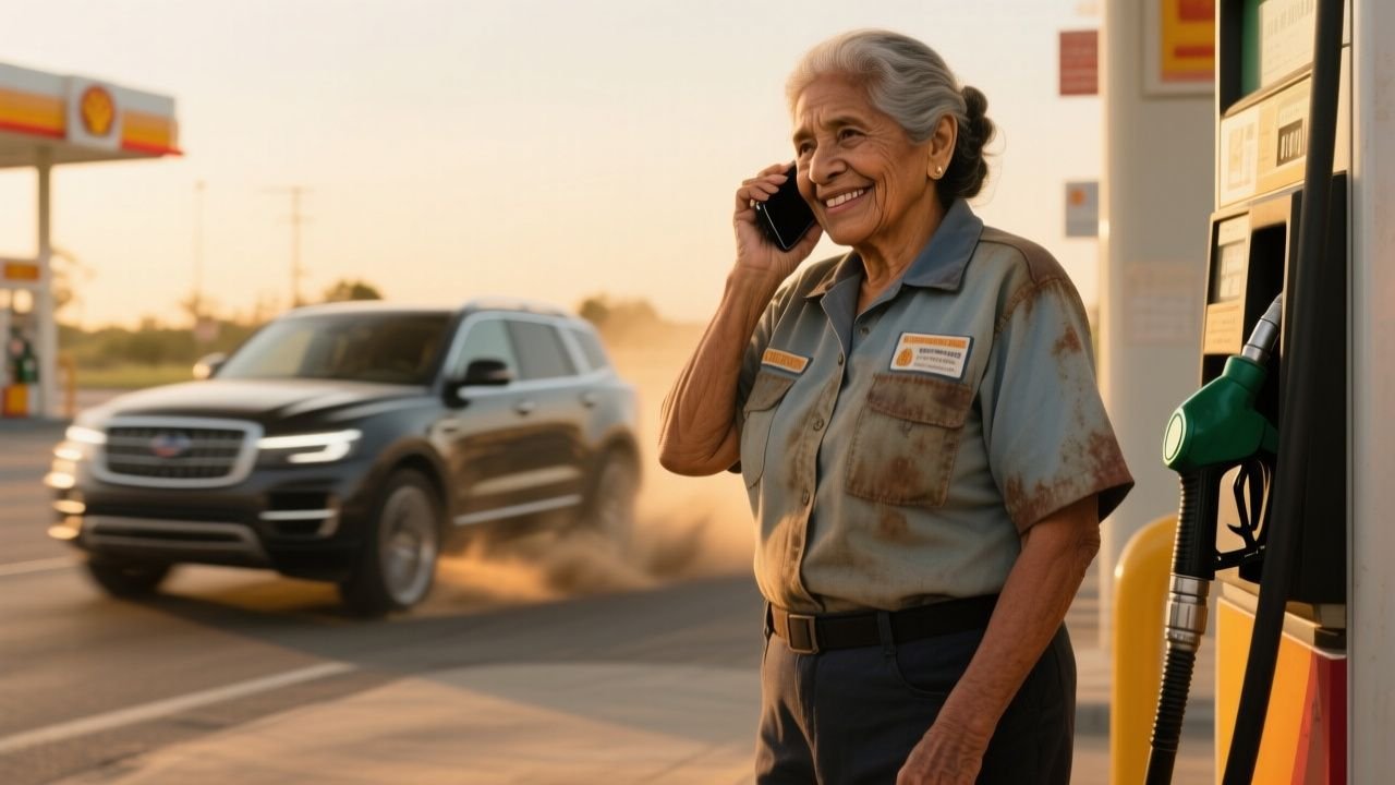 Doña Carmen, despachadora de gasolinera de la tercera edad, sosteniendo el celular tras ser humillada por una clienta
