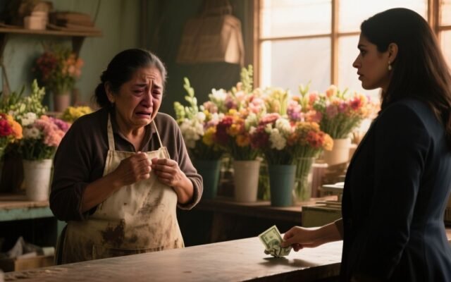 Doña Rosa sosteniendo un ramo de flores frente a una clienta que le ofrece un billete de veinte pesos por treinta arreglos