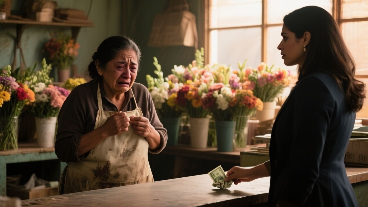 Doña Rosa sosteniendo un ramo de flores frente a una clienta que le ofrece un billete de veinte pesos por treinta arreglos