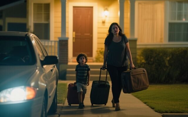 Mujer y sus hijos con maletas saliendo de una casa familiar tras ser relegados a dormir en colchones en el suelo