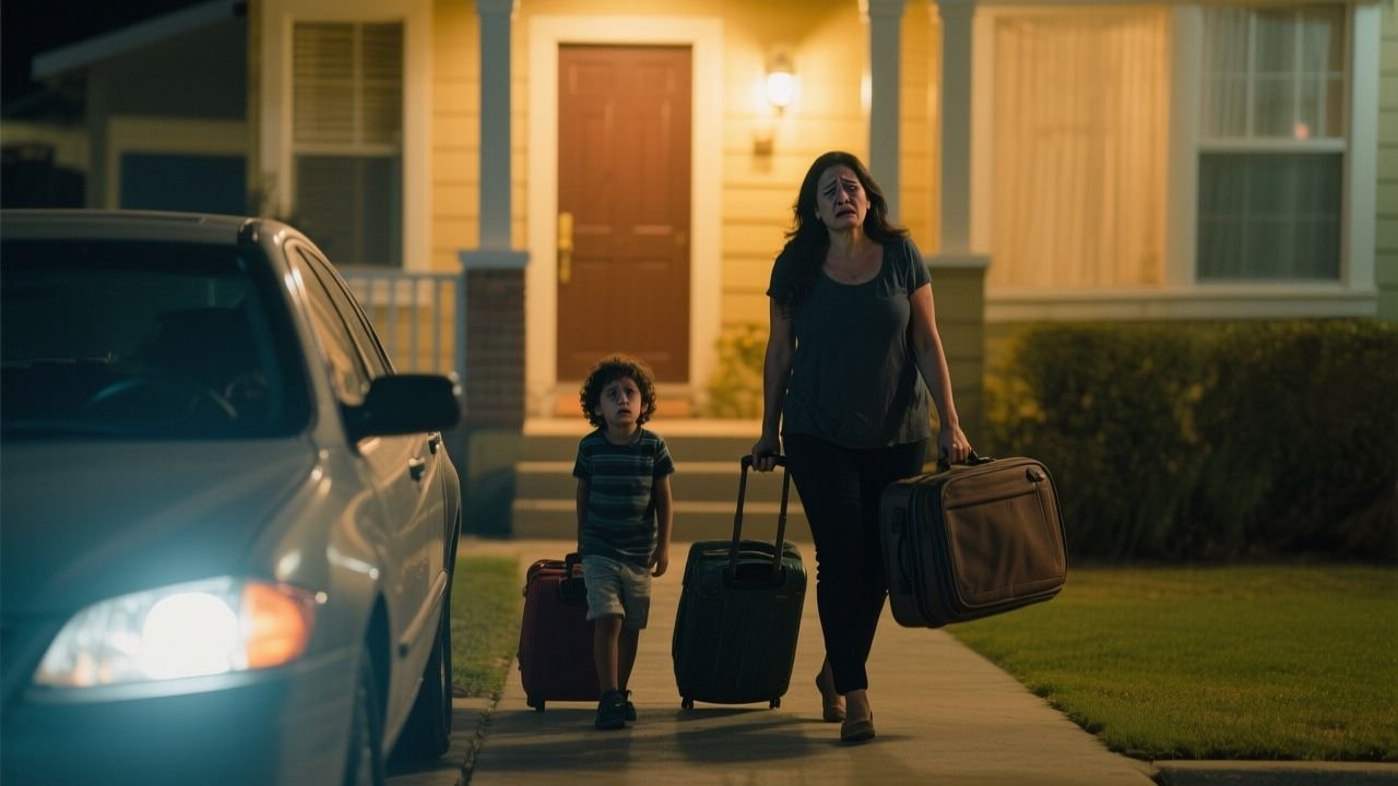 Mujer y sus hijos con maletas saliendo de una casa familiar tras ser relegados a dormir en colchones en el suelo
