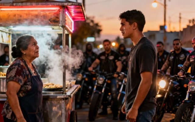 Puesto ambulante de comida de doña Rosa en la esquina del mercado, con tortillas y chicharrón bajo luces bajas