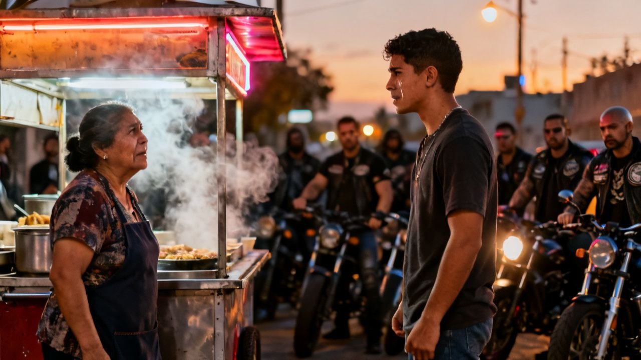 Puesto ambulante de comida de doña Rosa en la esquina del mercado, con tortillas y chicharrón bajo luces bajas