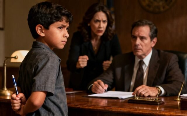 Niño de nueve años aferrado a un bolígrafo frente a la mesa del notario mientras su padre intenta firmar un documento legal