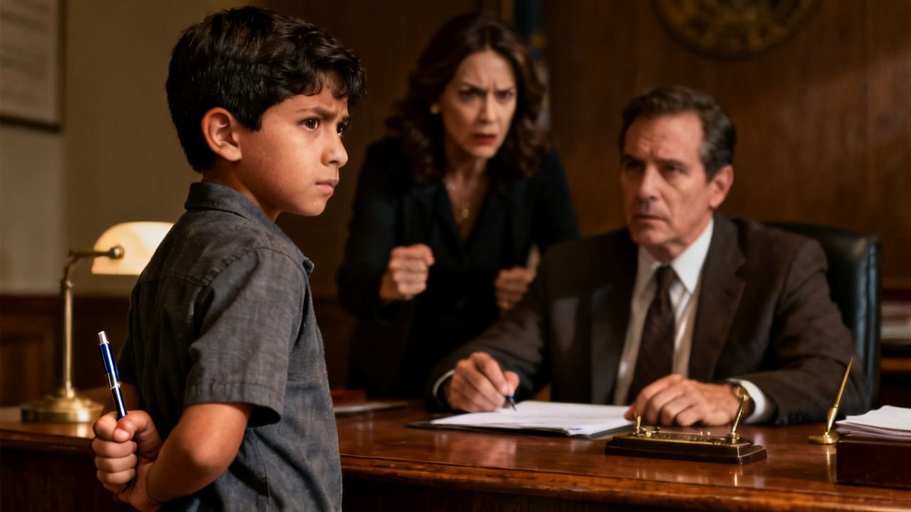 Niño de nueve años aferrado a un bolígrafo frente a la mesa del notario mientras su padre intenta firmar un documento legal