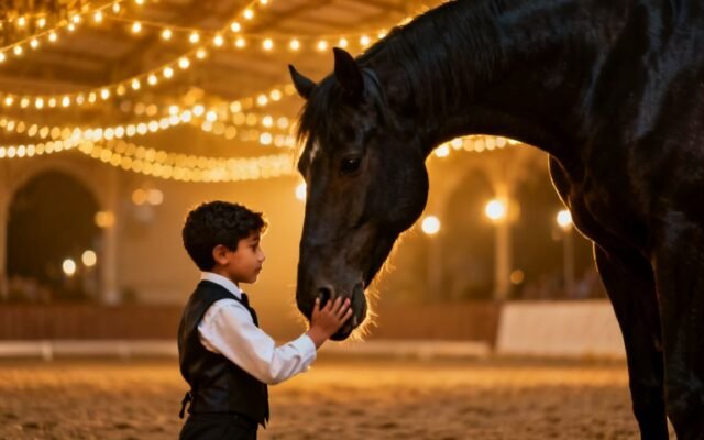 Niño pequeño acariciando a un imponente caballo negro arrodillado ante él en una feria elegante