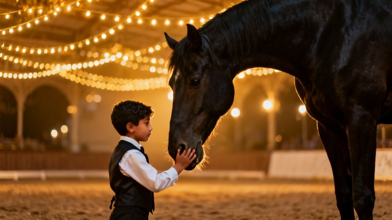 Niño pequeño acariciando a un imponente caballo negro arrodillado ante él en una feria elegante