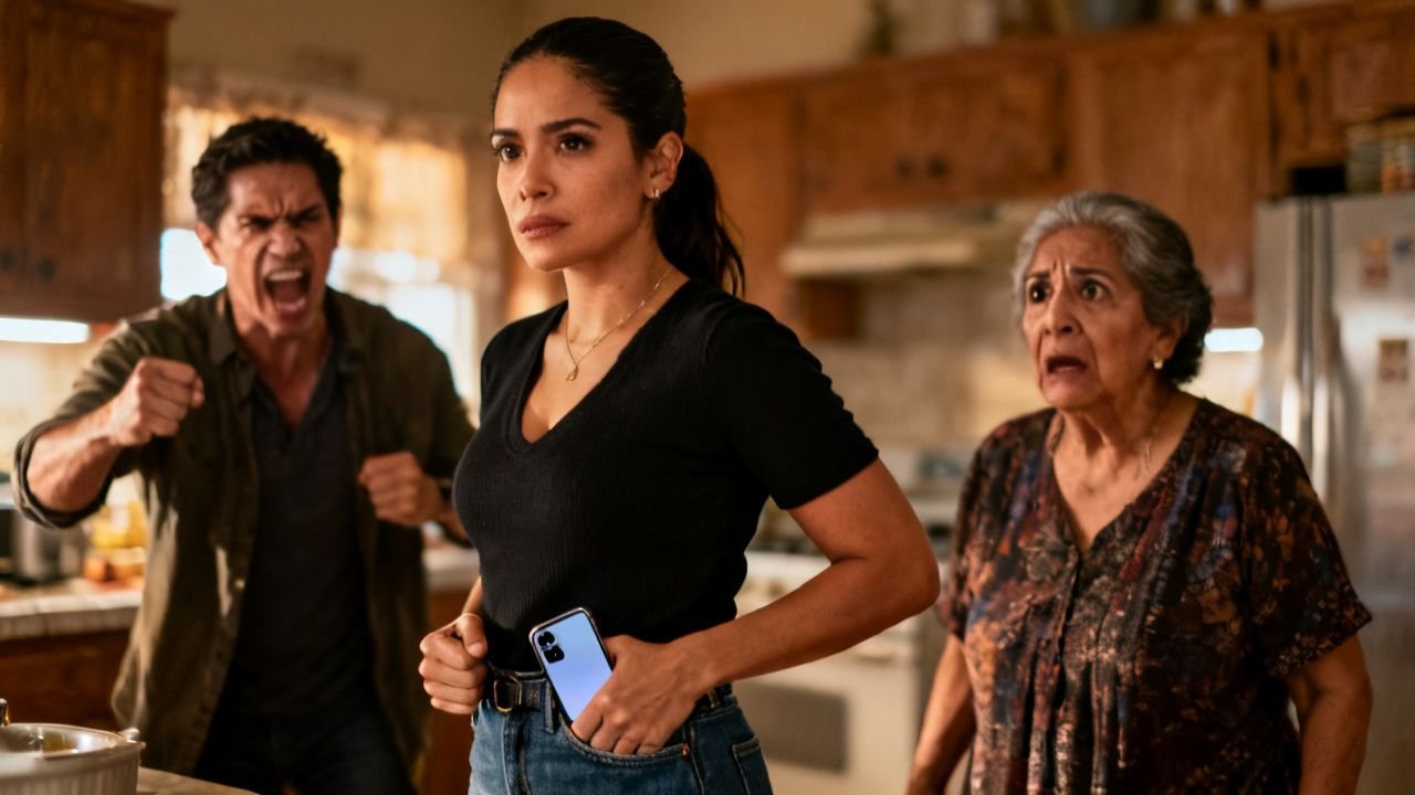 Mujer sostiene su celular con gesto de triunfo mientras su pareja y su suegra la observan sorprendidos en la cocina