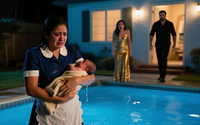 Escena nocturna junto a una piscina con una mujer de dorado que empuja un cochecito de bebé al agua mientras una empleada obs