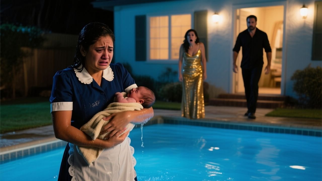 Escena nocturna junto a una piscina con una mujer de dorado que empuja un cochecito de bebé al agua mientras una empleada obs