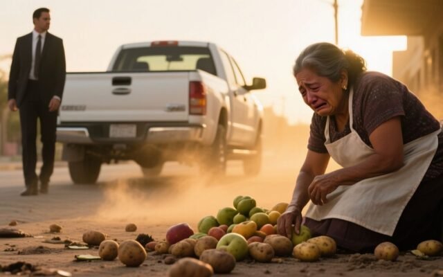Mujer mayor junto a su puesto de frutas y verduras en el mercado, con cajas de papas y tomates sobre mesas verdes