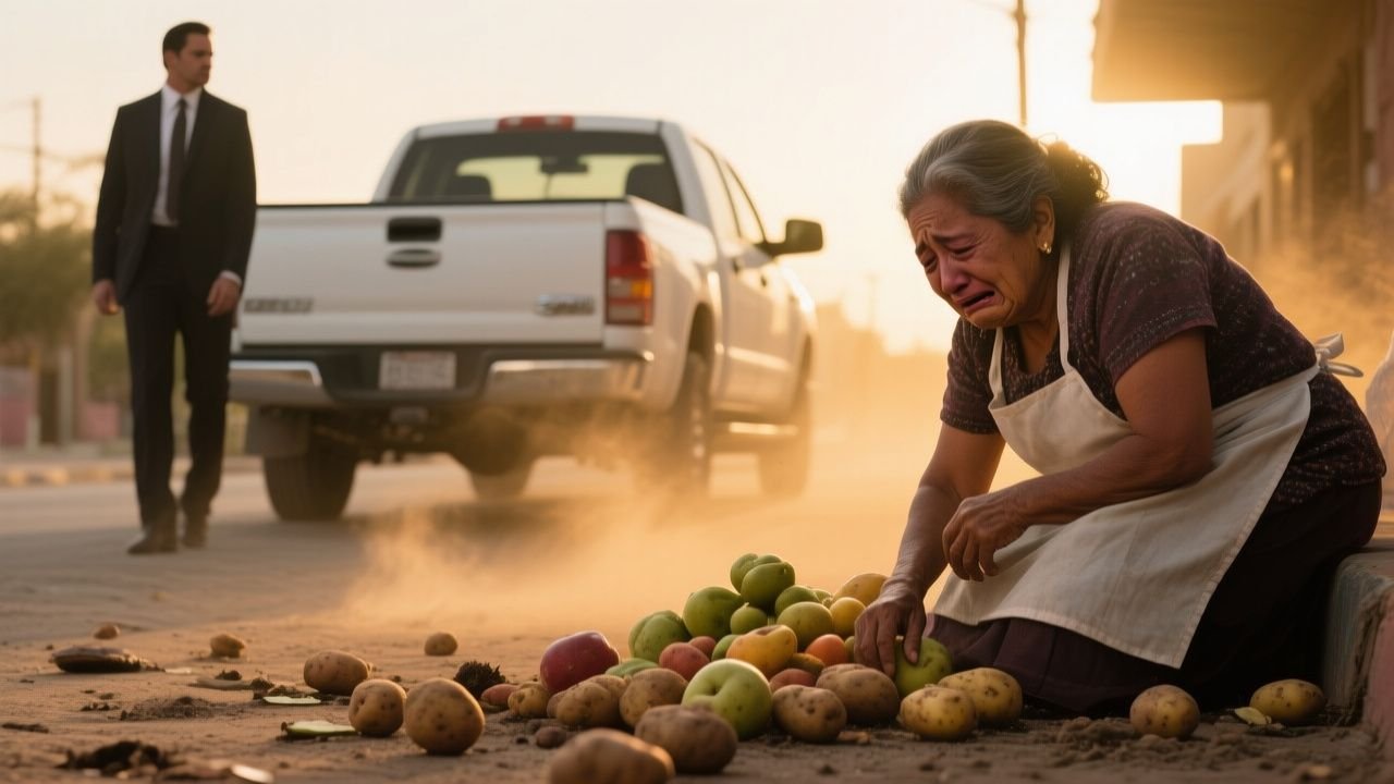 Mujer mayor junto a su puesto de frutas y verduras en el mercado, con cajas de papas y tomates sobre mesas verdes