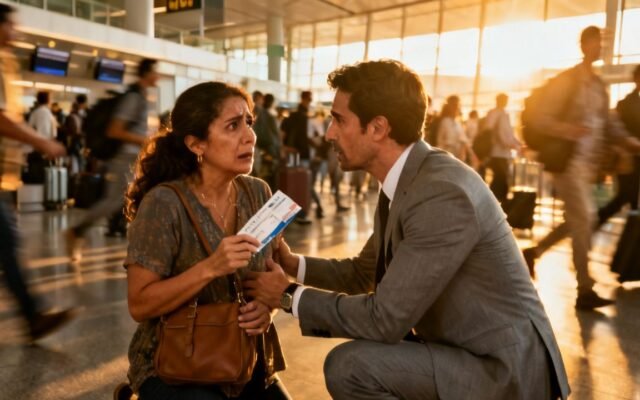 Madre corriendo por el pasillo de un aeropuerto con su hijo dormido en brazos y su hija pequeña trotando a su lado