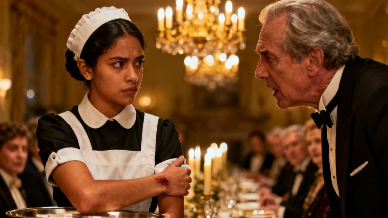 Mano de joven empleada doméstica doblando una servilleta color crema junto a una mesa de gala con copas de cristal